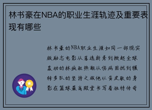 林书豪在NBA的职业生涯轨迹及重要表现有哪些